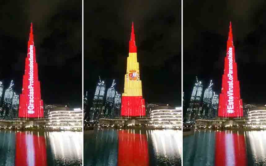 El rascacielos Burj Khalifa de Dubai se ilumina con la bandera de España